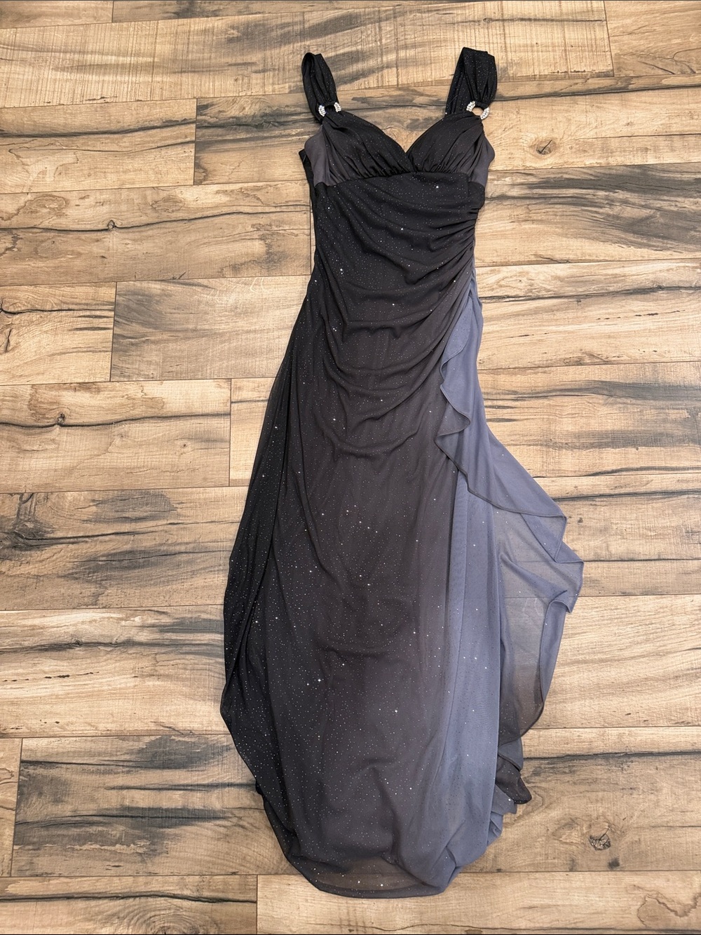 Betsy & Adam Black and Dusty Blue Gray Sparkle Evening Prom Gown